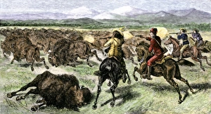 <b class=qtipBold><figcaption>Shooting bison for sport, 1880s</figcaption></b><br>White hunters shooting buffalo for sport on the western plains, 1880s. Hand-colored woodcut of a 19th-century illustration<br><em>© North Wind Picture Archives</em> Shooting bison for sport, 1880s