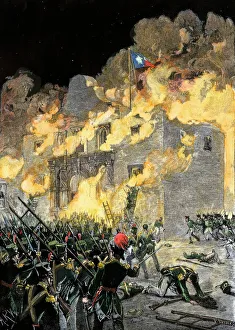<b class=qtipBold><figcaption>Siege of the Alamo, 1836</figcaption></b><br>Fall of the Alamo to Santa Anna's Mexican forces in Texas, 1836. Hand-colored woodcut of a 19th-century illustration<br><em>© North Wind Picture Archives</em> Siege of the Alamo, 1836
