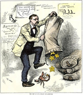 <b class=qtipBold><figcaption>Star Route scandal cartoon, 1881</figcaption></b><br>Cartoon of a postmaster in the Star Route mail fraud scheme, 1881. Hand-colored woodcut of a 19th-century Thomas Nast cartoon<br><em>© North Wind Picture Archives</em> Star Route scandal cartoon, 1881