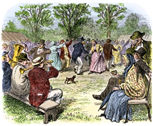 Summer holiday celebration in an American village, 1800s Summer holiday celebration in an American village, 1800s