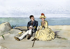 Tourists overlooking the Atlantic Ocean from Mt. Desert Island, Maine Tourists overlooking the Atlantic Ocean from Mt. Desert Island, Maine