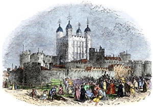 <b class=qtipBold><figcaption>Tower of London, 1400s</figcaption></b><br>Tower of London under the reign of Henry VI, 1400s. Hand-colored woodcut of a 19th-century illustration<br><em>© North Wind Picture Archives</em> Tower of London, 1400s