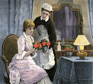 Victorian lady and her maid admiring a bouquet, 1800s Victorian lady and her maid admiring a bouquet, 1800s