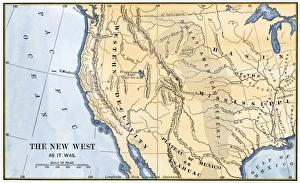 <b class=qtipBold><figcaption>Western US frontier, early 1800s</figcaption></b><br>Map of the western frontier in the United States, 1800s. Hand-colored woodcut of a 19th-century illustration <br><em>© North Wind Picture Archives</em> Western US frontier, early 1800s