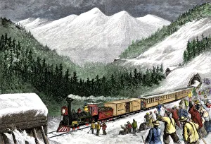 Immigrant Gallery: Workers cheering the first train over the mountains from California