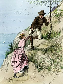 Young couple hiking on Mt Desert Island, Maine