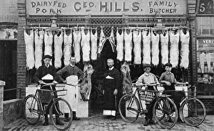George Alfred Hills outside his butchers shop, Worthing, c1905 George Alfred Hills outside his butchers shop, Worthing, c1905