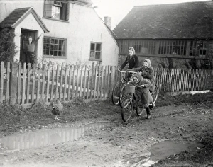 Three girls on bikes leaving home, December 1941 Three girls on bikes leaving home, December 1941