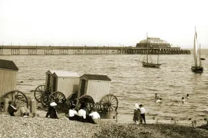 Prints of Bathing machines, beach and pier, Worthing. View looking east across the shingle beach towards the pier, c1893. Walter Gardiner Photography Collection PP/WSL/WGP001184 Sussex Prints: Worthing Beach Scene Print, c1893