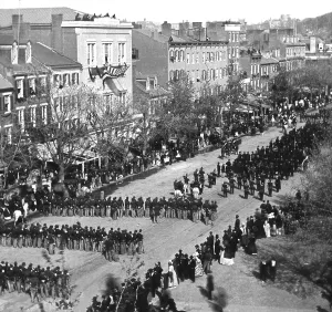 Print of Union soldiers in formation on Pennsylvania Avenue, Washington, DC