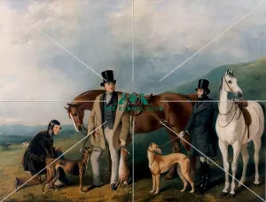 <b class=qtipBold><figcaption>Beacon Hill Meeting</figcaption></b><br>Signed and dated 1853 Oil on canvas 28 x 36 ins This painting shows the end of a successful course at the Beacon Hill meeting in October 1848. The mounted judge can be seen in the distance on a grey horse and in the foreground with the two dogs, Brilliant and Leeway, are a kennel boy, the winning dog's owner holding the hare and a trainer. An engraving from the painting by E Hacker appeared as a frontispiece to 'The Greyhound' by 'Stonehenge', first published in 1853.<br><em>© The Kennel Club</em> Beacon Hill Meeting