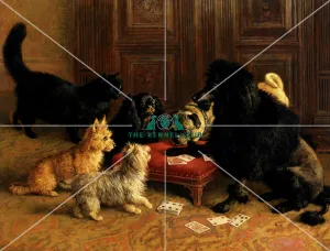 <b class=qtipBold><figcaption>The Card Game</figcaption></b><br>Signed and dated 1885 Oil on canvas 27.5 x 36 ins This painting typifies anthropomorphism depicted in art during the 19th century, when dogs were portrayed in the guise of humans. One's social standing was never far from the surface, even in art, and the cat, whose status at this period would be less than that of the dog, looks on questioningly at the Poodle who has just won a hand. The Pug also has some doubts, but the other dogs accept the inevitable.<br><em>© The Kennel Club</em> The Card Game