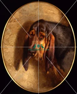 <b class=qtipBold><figcaption>Ch Bardolph</figcaption></b><br>Canvas 21.5 x 17.5 ins. This Champion Bloodhound from the kennel of Edwin Brough was once described as being 'one of the finest young hounds seen for a long time'. The painting is inscribed 'To my esteemed friend Edwin Brough Esq. of Scarborough'. Brough had retired to Yorkshire after making his fortune in the family's silk business in Staffordshire.<br><em>© The Kennel Club</em> Ch Bardolph