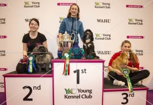 <b class=qtipBold><figcaption>Crufts 2017</figcaption></b><br>YKC Jumping Under 18 years - Small Over 12s Winner Penelope Lowes and Penny Black, 2nd Millie Sawyer and Mandys Bumble Bee and 3rd Amy Challis and Woody - today (Saturday 11.03.17), the third day of Crufts 2017, at the NEC Birmingham. Crufts 2017