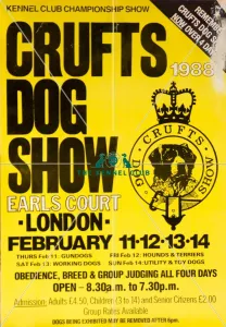 <b class=qtipBold><figcaption>Crufts Dog Show poster 1988</figcaption></b><br>A Crufts dog show poster promoting Crufts Dog Show to take place on February 11, 12, 13, 14 1988 at Earl's Court, London<br><em>© The Kennel Club ©</em> Crufts Dog Show poster 1988
