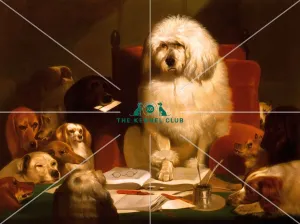 <b class=qtipBold><figcaption>Laying Down the Law</figcaption></b><br>Landseer helped popularise anthropomorphism in art and this is a copy of one of his best-known examples. Sometimes called 'Trial by Jury', the Poodle was owned by Count D'Orsay and has been identified as playing the role of Lord Brougham. Landseer's painting was exhibited at the Royal Academy in 1840 and aquired by the 6th Duke of Devonshire, who had his own Blenheim Spaniel, Bony, inserted behind the Greyhound, as can be seen in this later copy.<br><em>© The Kennel Club</em> Laying Down the Law