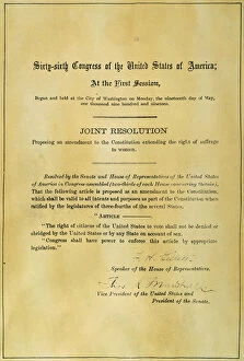 19th AMENDMENT, 1919. The Congressional Resolution for the submission of the Nineteenth Amendment to the Constitution