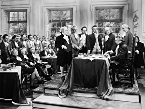 A 20th century film depiction of the signing of the Declaration of Independence at Independence Hall in Philadelphia A 20th century film depiction of the signing of the Declaration of Independence at Independence Hall in Philadelphia
