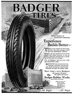 AD: BADGER TIRES, 1927. American advertisement for Badger Tires, 1927 AD: BADGER TIRES, 1927. American advertisement for Badger Tires, 1927