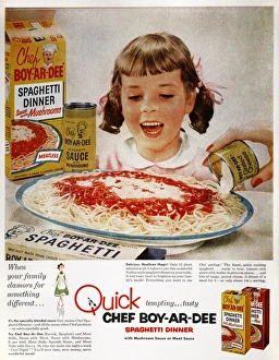 Advertisement for Chef Boy-Ar-Dee's 'Quick, tempting... tasty' spaghetti dinner, from an American magazine of 1954 Advertisement for Chef Boy-Ar-Dee's 'Quick, tempting... tasty' spaghetti dinner, from an American magazine of 1954