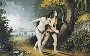 Adam and Eve Collection: ADAM AND EVE driven out of Paradise: lithograph, c. 1850, by Nathaniel Currier