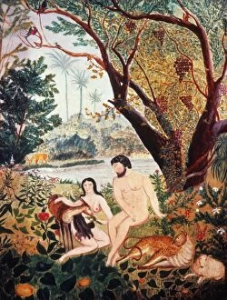 ADAM & EVE. Oil on cardboard by an unknown American artist, c1830