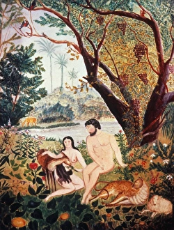 ADAM & EVE. Oil on cardboard by an unknown American artist, c1830 ADAM & EVE. Oil on cardboard by an unknown American artist, c1830