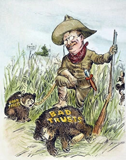 American cartoon by Clifford Berryman, c1909, showing President Theodore Roosevelt slaying those trusts he considered