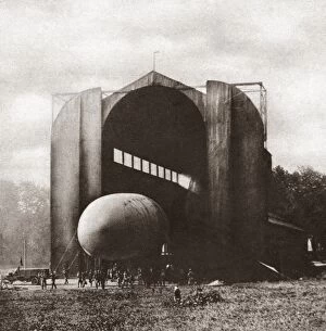 American dirigible returning to its hangar after a trial flight at the Fort Omaha Balloon School in Nebraska. Photograph, c1917
