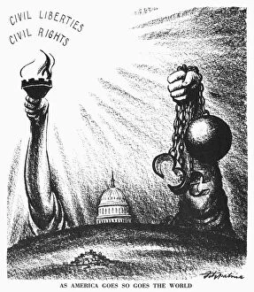 As American Goes, So Goes the World. American cartoon by D.R. Fitzpatrick, 1953