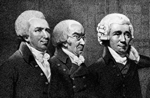 American physician and double agent during the American Revolution. Bancroft, far left, with Dr. Ware and Dr. Thomas Bradley. Detail from an engraved group portrait of the founders of the Medical Society of London, by Samuel Medley, 1801