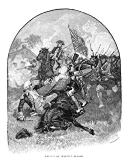 American soldier and traitor. Arnold at the Battle of Saratoga, 1777: wood engraving American soldier and traitor. Arnold at the Battle of Saratoga, 1777: wood engraving