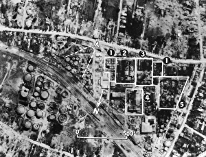Annotated aerial photograph of the Steaua Oil Refinery in Campina, Romania, a target of Allied air strikes, 1943 Annotated aerial photograph of the Steaua Oil Refinery in Campina, Romania, a target of Allied air strikes, 1943