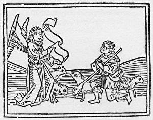 ANNUNCIATION TO SHEPHERDS. English woodcut, c1500 ANNUNCIATION TO SHEPHERDS. English woodcut, c1500