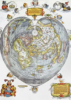 APIAN: WORLD MAP, 1530. Heart-shaped map of the world, with small portraits of Amerigo APIAN: WORLD MAP, 1530. Heart-shaped map of the world, with small portraits of Amerigo