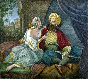 ARABIAN NIGHTS. Scheherazade amusing the Sultan Schahriah and prolonging her life with the tales for a thousand