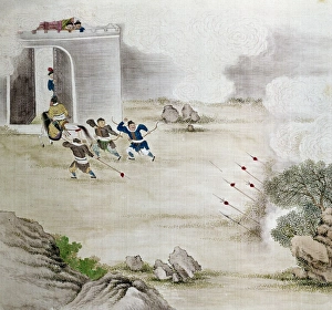 Archers in China defending a fortified house against attackers armed with spears Archers in China defending a fortified house against attackers armed with spears