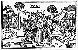 ARK OF THE COVENANT. David leading the procession before the cart carrying the ARK OF THE COVENANT. David leading the procession before the cart carrying the