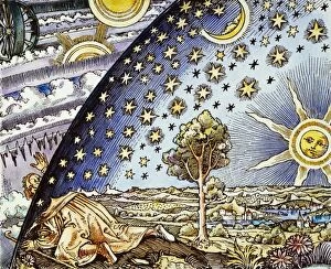 ASTROLOGY, 16th CENTURY. Medieval astrologer attempting to discover the secrets behind the Milky Way: colored woodcut