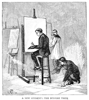 ATELIER, 1884. An art student lighting a fire under the chair of a new fellow student ATELIER, 1884. An art student lighting a fire under the chair of a new fellow student