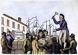 AUCTION, c1830. Goods being auctioned in an American seaport. Woodcut, American, c1830 AUCTION, c1830. Goods being auctioned in an American seaport. Woodcut, American, c1830