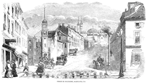 BALTIMORE, MARYLAND, 1856. Street scene in Baltimore. Wood engraving, English, 1856 BALTIMORE, MARYLAND, 1856. Street scene in Baltimore. Wood engraving, English, 1856