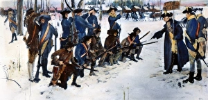 Baron Friedrich von Steuben drilling American troops at Valley Forge, 1778. After a mural painting Baron Friedrich von Steuben drilling American troops at Valley Forge, 1778. After a mural painting