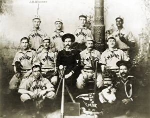 BASEBALL TEAM, c1898. The U.S.S. Maine baseball club. (J.H. Bloomer is identified at lefthand top corner.)