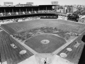 Baseball Stadium Prints: Print of Aerial View of Ebbets Field Baseball Game