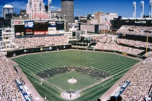 Prints of CLEVELAND: JACOBS FIELD. The home of the Cleveland Indians baseball team in Cleveland, Ohio. Photograph, c2000 Cleveland Prints: Print of Jacobs Field, home stadium of the Cleveland Indians baseball team