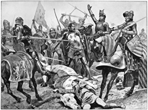 BATTLE OF POITIERS, 1356. The last stand of King John of France. Illustration by R BATTLE OF POITIERS, 1356. The last stand of King John of France. Illustration by R