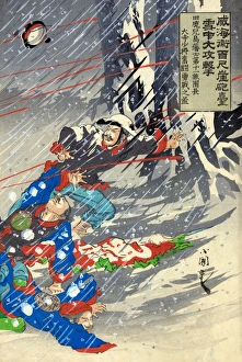 A battle during the Sino Japanese War between Chinese soldiers and Japanese General Major Odera in a snowstorm at Weihaiwei Bay, resulting in Oderas death. Right panel of a triptych, color woodcut by Kokunimasa Utagawa, c1895 A battle during the Sino Japanese War between Chinese soldiers and Japanese General Major Odera in a snowstorm at Weihaiwei Bay, resulting in Oderas death. Right panel of a triptych, color woodcut by Kokunimasa Utagawa, c1895