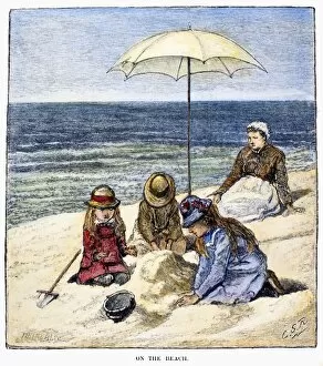 BEACH SCENE, 1879. On the Beach. Wood engraving, 1879, after Charles Stanley Reinhart
