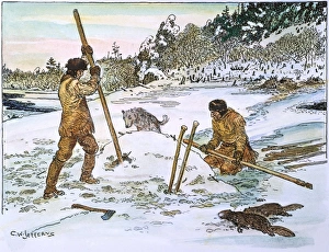 BEAVER HUNTING, 19th CENT. Native Americans, wearing leather clothing against the cold BEAVER HUNTING, 19th CENT. Native Americans, wearing leather clothing against the cold